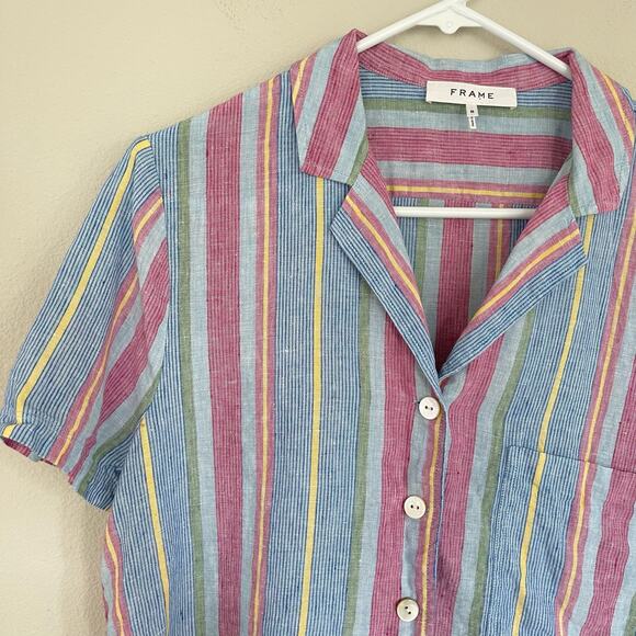 FRAME Striped Linen Button Down Short Sleeve Shirt (M) Pink Blue - Picture 3 of 6